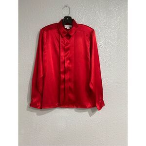 Vintage 90s Red Satin Long Sleeve Button Up Shirt Blouse Top Classic Office L
